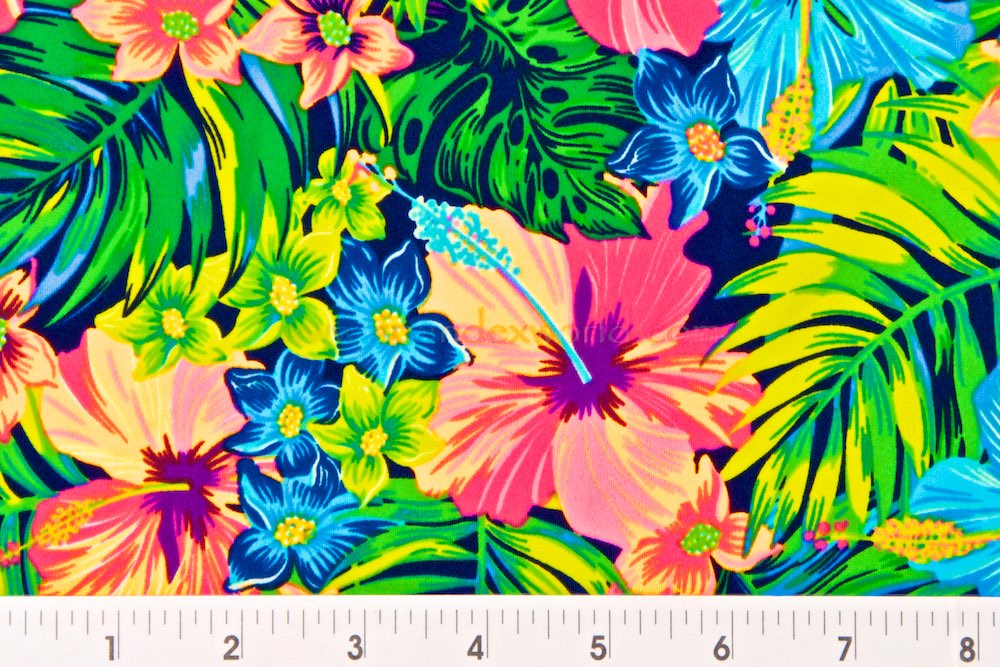 Tropical Floral Printed Stretch Cotton Sateen - Blue/Green/Red