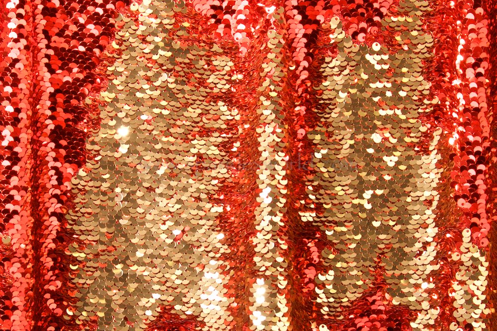 Cabaret Sequin Fabric - Stretch Mesh with Red Sequins and Fringe